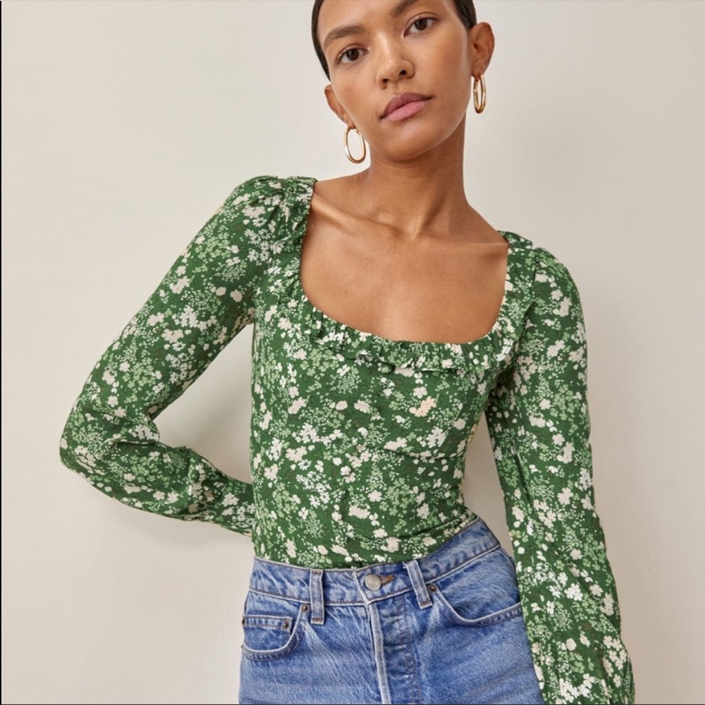 Reformation Green Floral Top